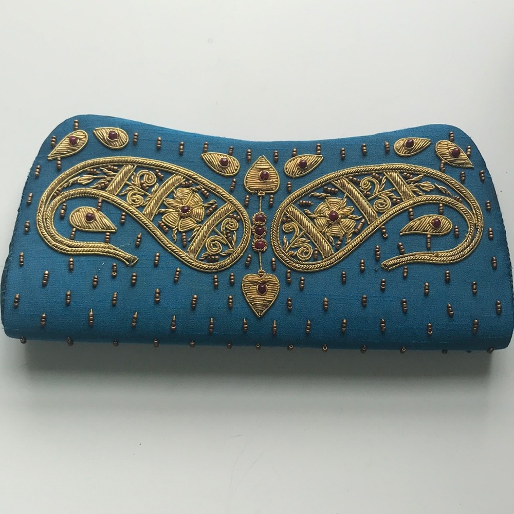 Blue, gold beaded detailed clutch